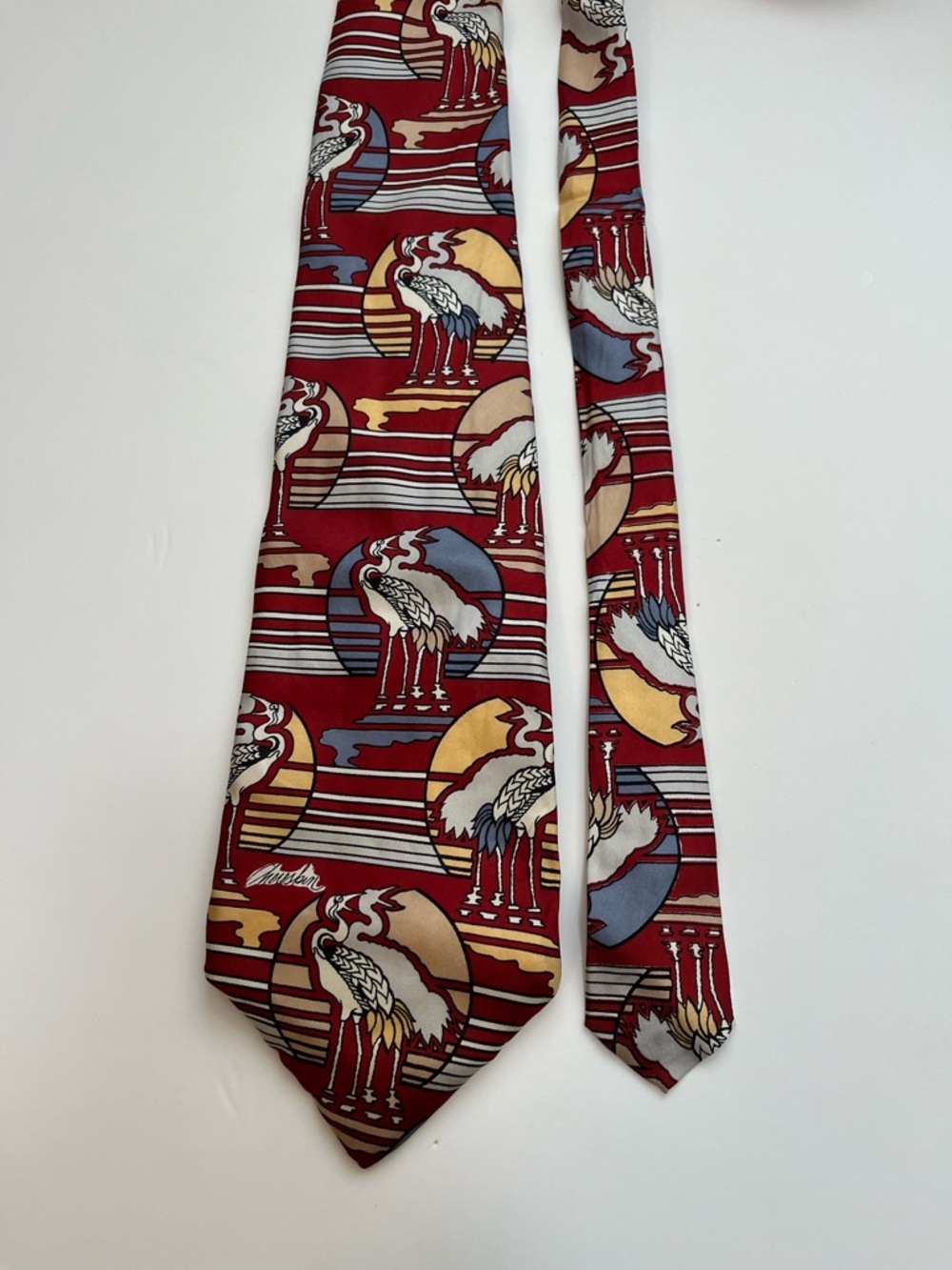 Vintage Chereskin X'Andrini Sweeter Days Tie Bird Print Red Heron Crane